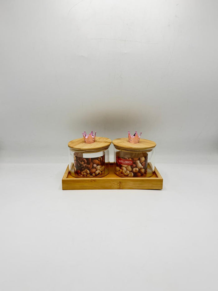 Glass Container Set - 2 Piece Crown Knob Bamboo Lids with Tray