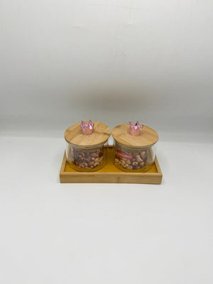 Glass Container Set - 2 Piece Crown Knob Bamboo Lids with Tray