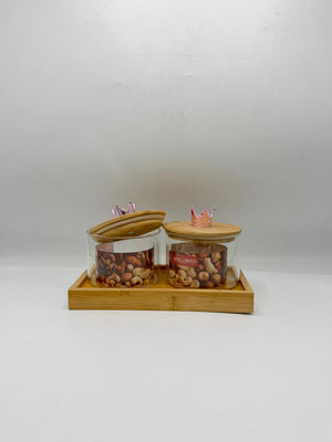 Glass Container Set - 2 Piece Crown Knob Bamboo Lids with Tray