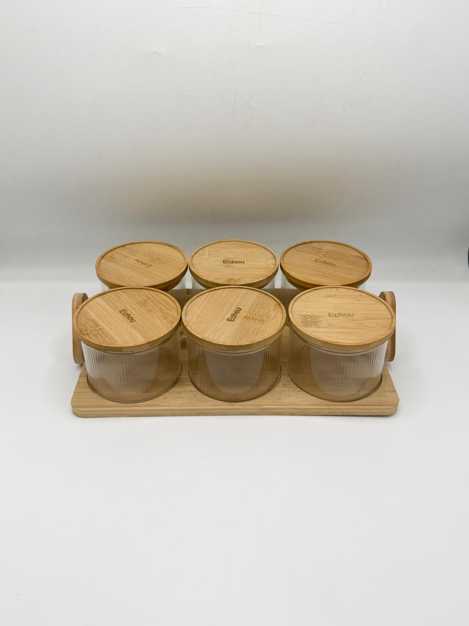 Glass Container Set - 6 Piece Bamboo Lids with Wooden Tray