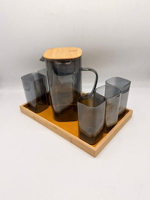 Glass Pitcher Set - 6 Glasses with Bamboo Lid & Tray