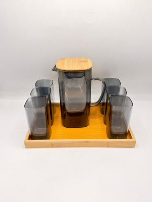 Glass Pitcher Set - 6 Glasses with Bamboo Lid & Tray