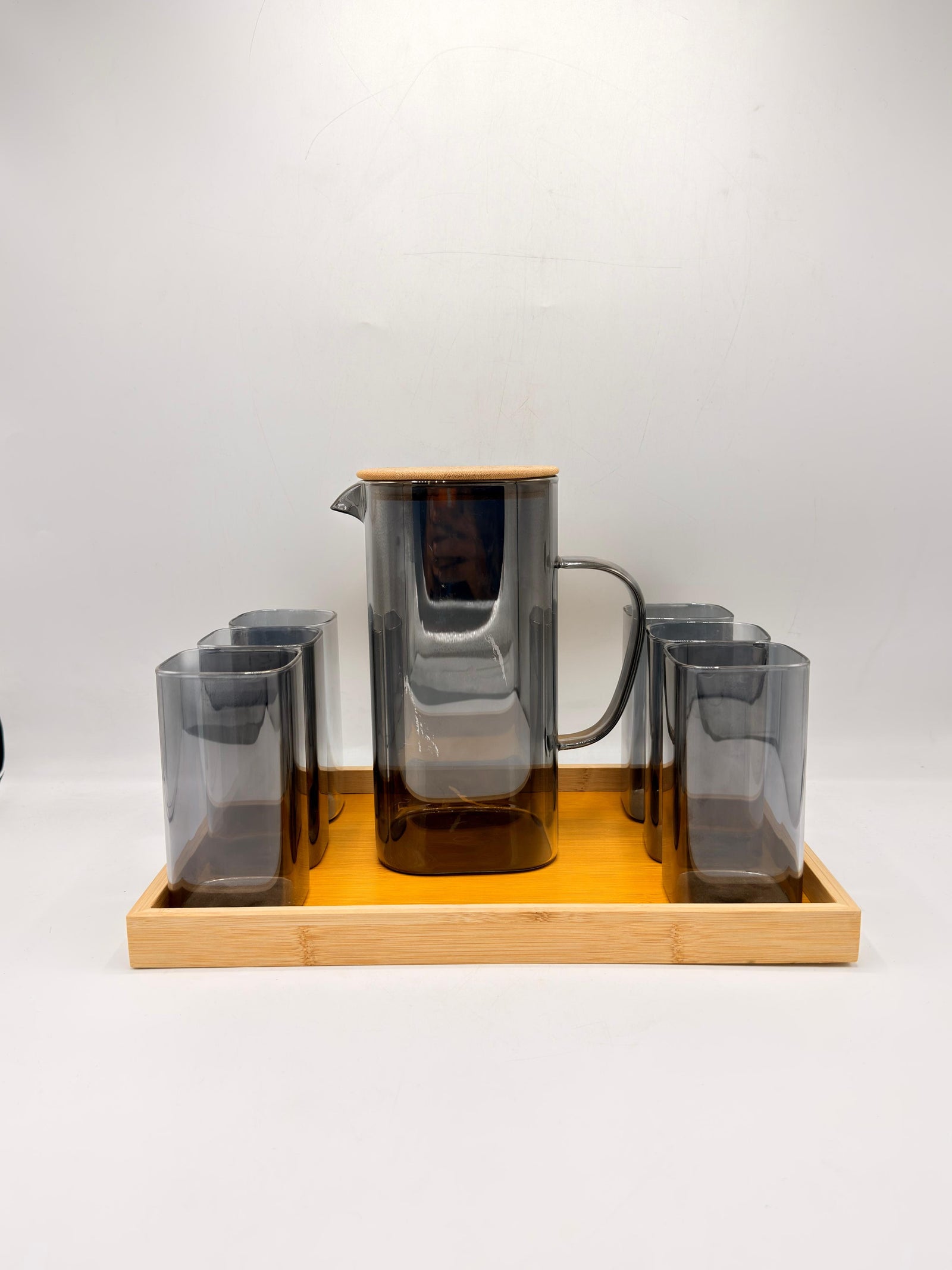 Glass Pitcher Set - 6 Glasses with Bamboo Lid & Tray