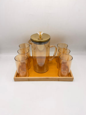 Glass Pitcher Set - 6 Glasses with Gold Lid & Bamboo Tray