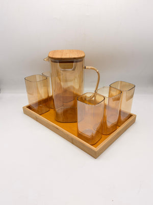 Glass Pitcher Set - 6 Glasses with Bamboo Lid & Tray
