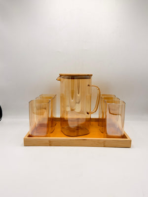 Glass Pitcher Set - 6 Glasses with Bamboo Lid & Tray