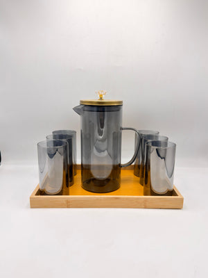 Glass Pitcher Set - 6 Glasses with Gold Lid & Bamboo Tray