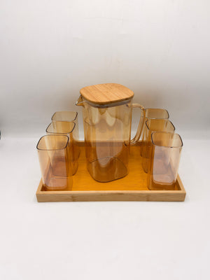 Glass Pitcher Set - 6 Glasses with Bamboo Lid & Tray