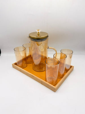 Glass Pitcher Set - 6 Glasses with Gold Lid & Bamboo Tray