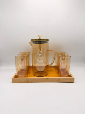 Glass Pitcher Set - 6 Glasses with Gold Lid & Bamboo Tray