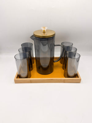Glass Pitcher Set - 6 Glasses with Gold Lid & Bamboo Tray