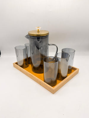 Glass Pitcher Set - 6 Glasses with Gold Lid & Bamboo Tray