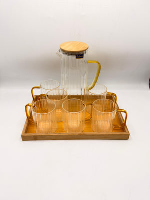 Ribbed Glass Pitcher Set - 6 Glasses with Bamboo Lid & Tray