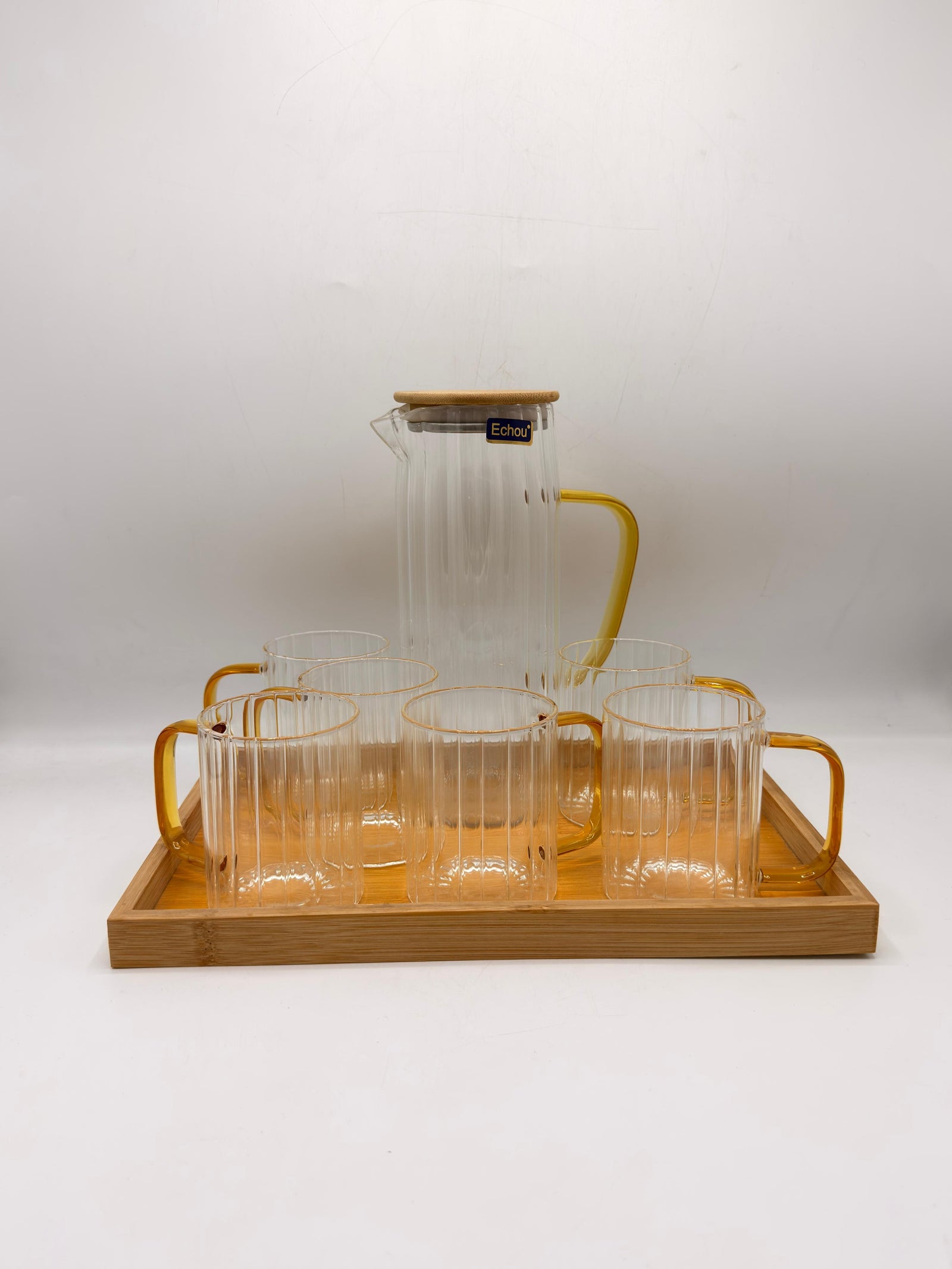 Ribbed Glass Pitcher Set - 6 Glasses with Bamboo Lid & Tray