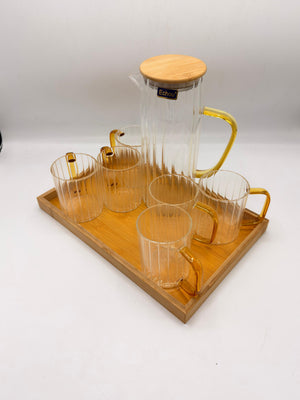 Ribbed Glass Pitcher Set - 6 Glasses with Bamboo Lid & Tray