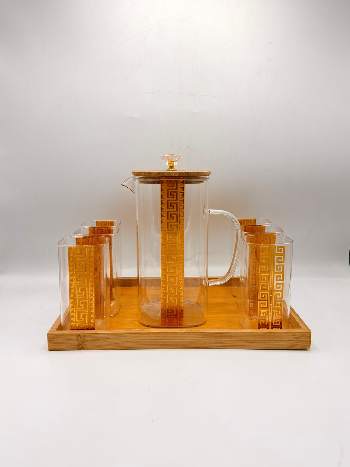 Geometric Pitcher Set - 6 Glasses with Greek Key Pattern & Bamboo Lid