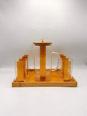 Geometric Pitcher Set - 6 Glasses with Greek Key Pattern & Bamboo Lid