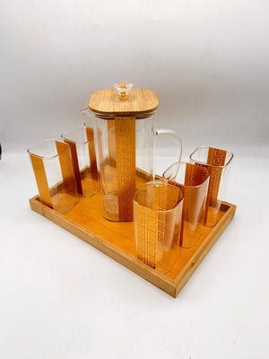 Geometric Pitcher Set - 6 Glasses with Greek Key Pattern & Bamboo Lid