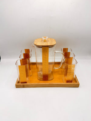Geometric Pitcher Set - 6 Glasses with Greek Key Pattern & Bamboo Lid