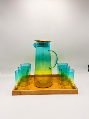 Gradient Glass Pitcher Set - 6 Glasses with Brass Lid & Bamboo Tray