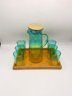 Gradient Glass Pitcher Set - 6 Glasses with Brass Lid & Bamboo Tray