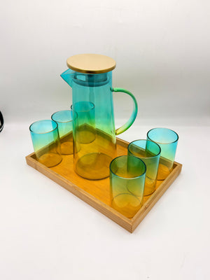Gradient Glass Pitcher Set - 6 Glasses with Brass Lid & Bamboo Tray