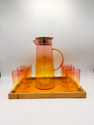 Gradient Glass Pitcher Set - 6 Glasses with Brass Lid & Bamboo Tray