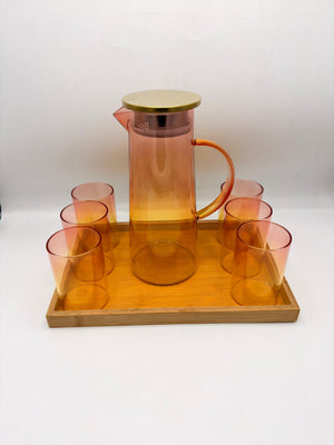 Gradient Glass Pitcher Set - 6 Glasses with Brass Lid & Bamboo Tray