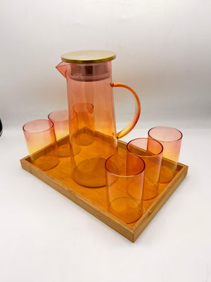 Gradient Glass Pitcher Set - 6 Glasses with Brass Lid & Bamboo Tray