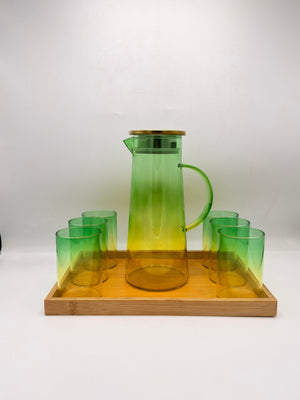 Gradient Glass Pitcher Set - 6 Glasses with Brass Lid & Bamboo Tray