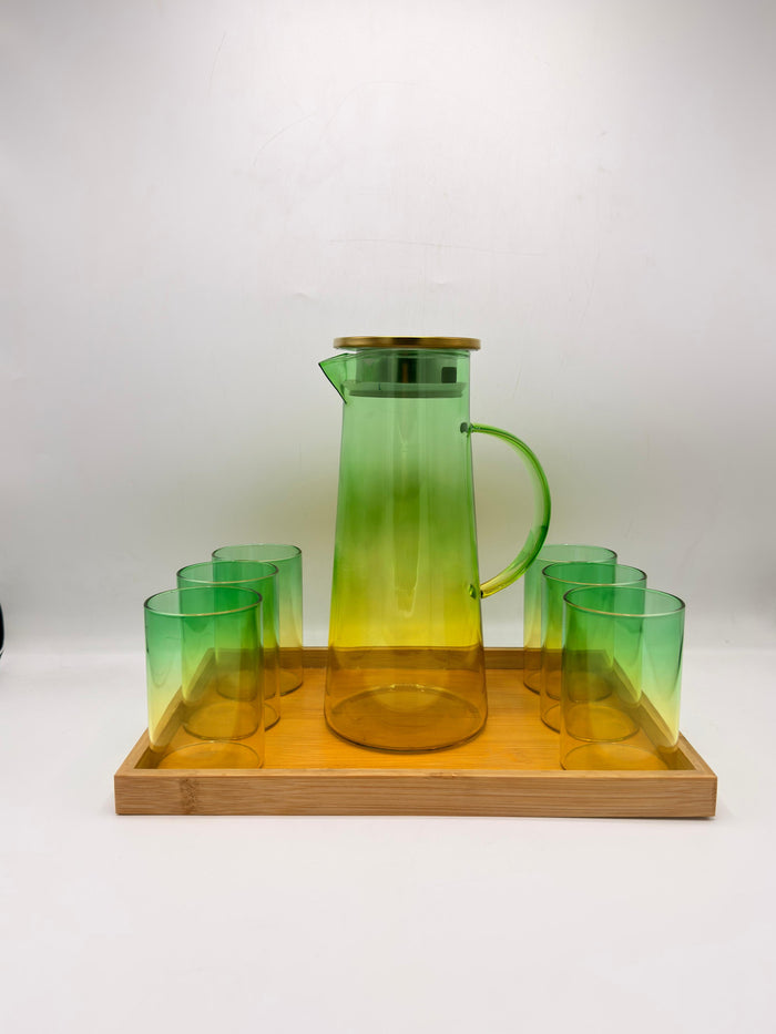 Gradient Glass Pitcher Set - 6 Glasses with Brass Lid & Bamboo Tray