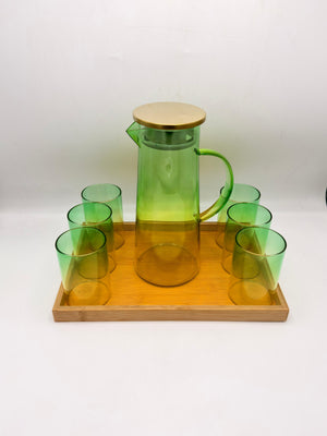 Gradient Glass Pitcher Set - 6 Glasses with Brass Lid & Bamboo Tray