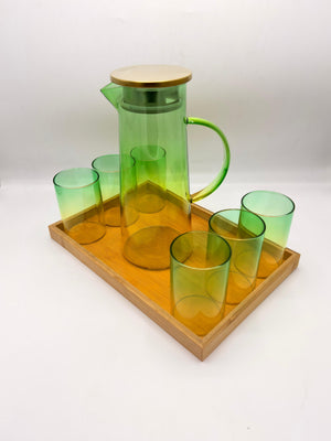 Gradient Glass Pitcher Set - 6 Glasses with Brass Lid & Bamboo Tray