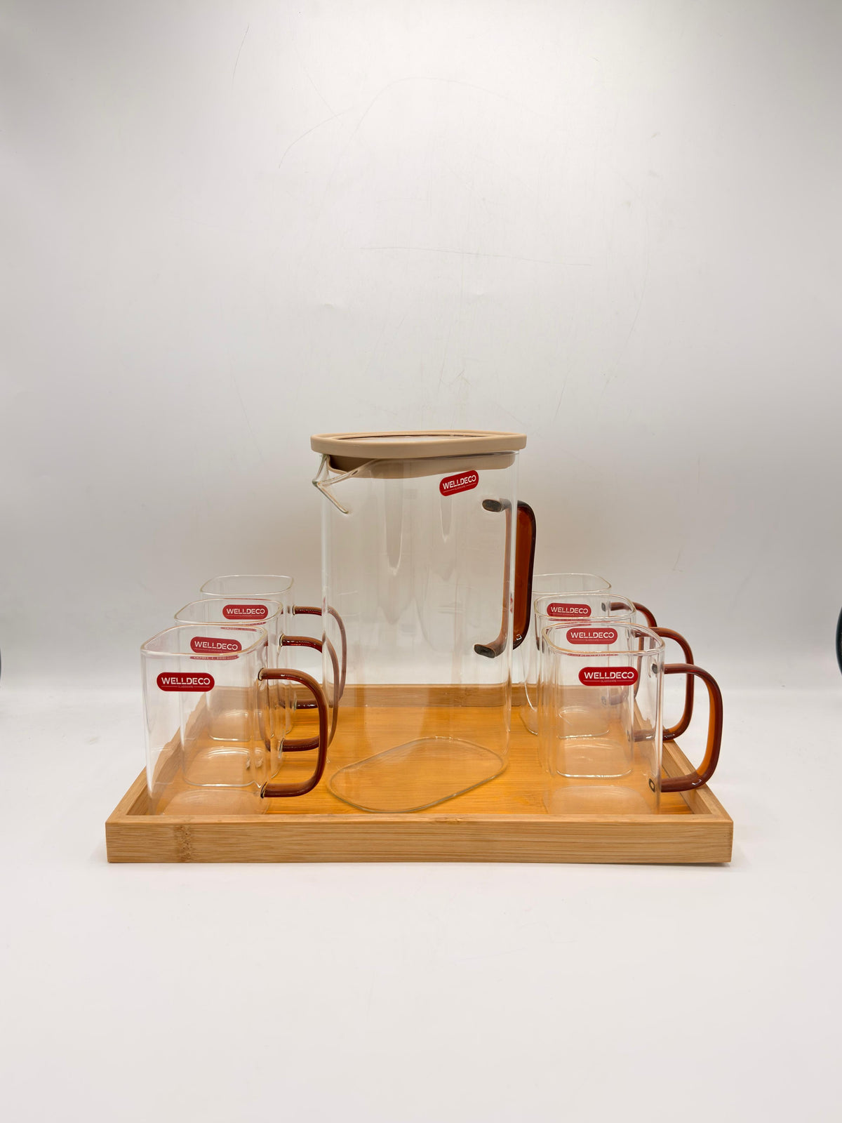 Welldeco Pitcher Set - 6 Square Glasses with Bamboo Lid & Wooden Tray