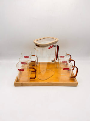 Welldeco Pitcher Set - 6 Square Glasses with Bamboo Lid & Wooden Tray