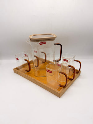 Welldeco Pitcher Set - 6 Square Glasses with Bamboo Lid & Wooden Tray