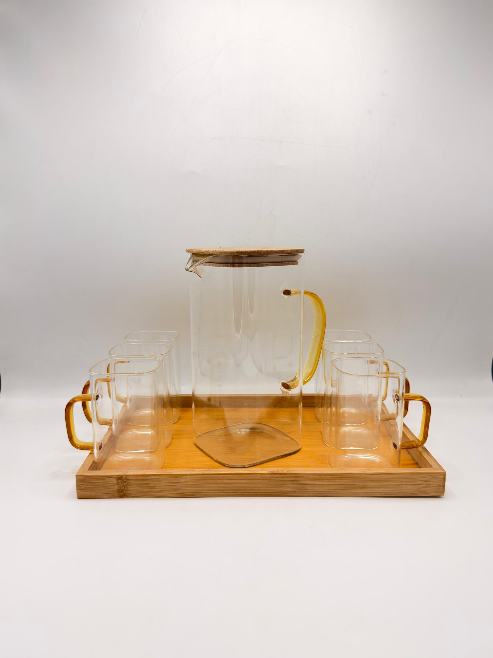 Clear Glass Pitcher Set - 6 Square Glasses with Bamboo Lid & Wooden Tray