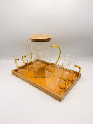 Clear Glass Pitcher Set - 6 Square Glasses with Bamboo Lid & Wooden Tray