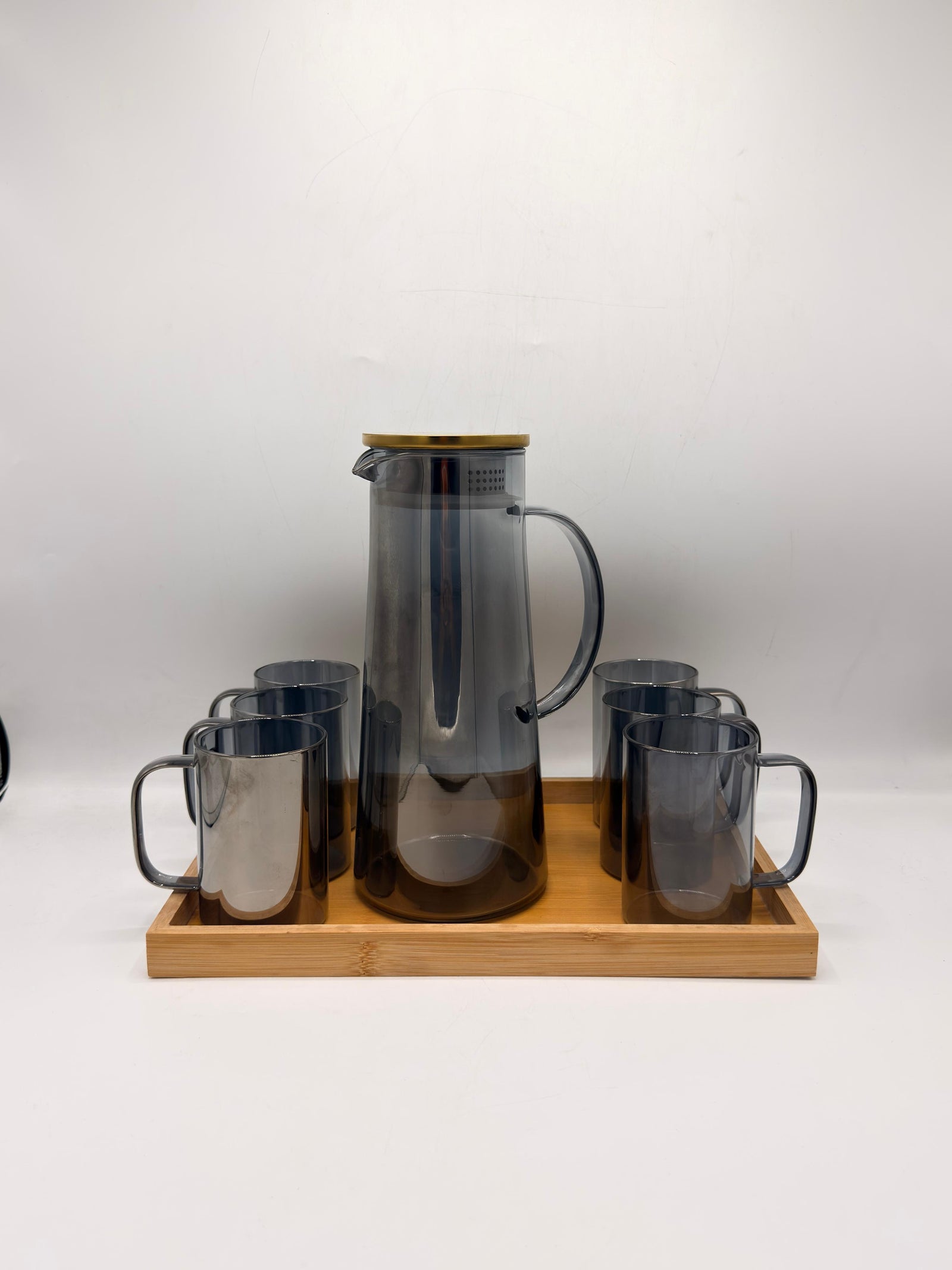 Smoky Grey Glass Pitcher Set - 6 Glasses with Brass Lid & Bamboo Tray