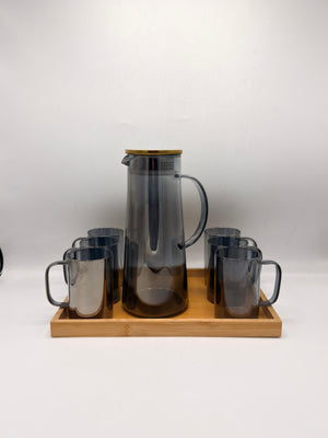 Smoky Grey Glass Pitcher Set - 6 Glasses with Brass Lid & Bamboo Tray
