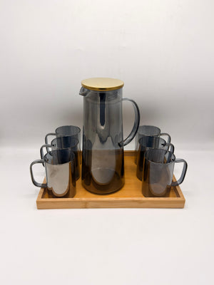Smoky Grey Glass Pitcher Set - 6 Glasses with Brass Lid & Bamboo Tray