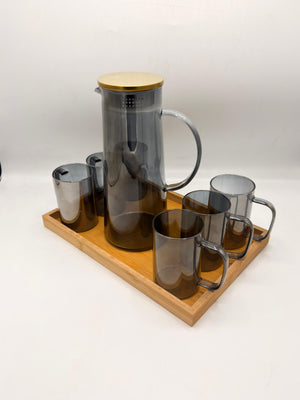 Smoky Grey Glass Pitcher Set - 6 Glasses with Brass Lid & Bamboo Tray