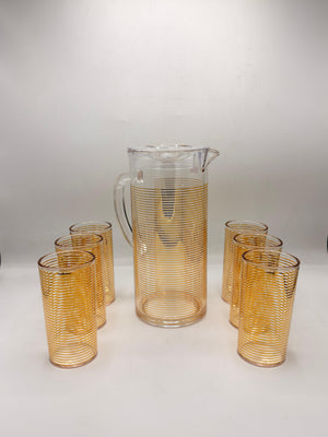 Golden Spiral Glass Pitcher Set - 1 Jug with Lid & 6 Matching Glasses