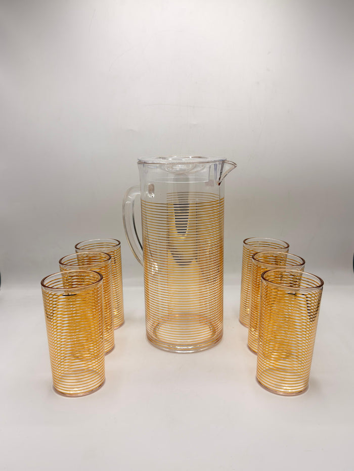 Golden Spiral Glass Pitcher Set - 1 Jug with Lid & 6 Matching Glasses