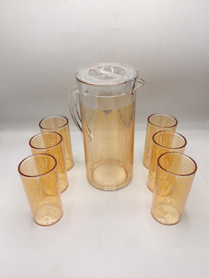 Golden Spiral Glass Pitcher Set - 1 Jug with Lid & 6 Matching Glasses