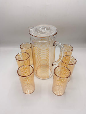 Golden Spiral Glass Pitcher Set - 1 Jug with Lid & 6 Matching Glasses