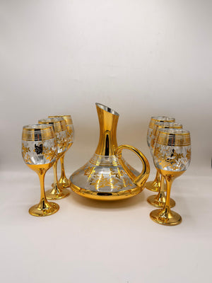 Royal Gold Decanter Set - 6 Wine Goblets with Greek Key & Floral Design