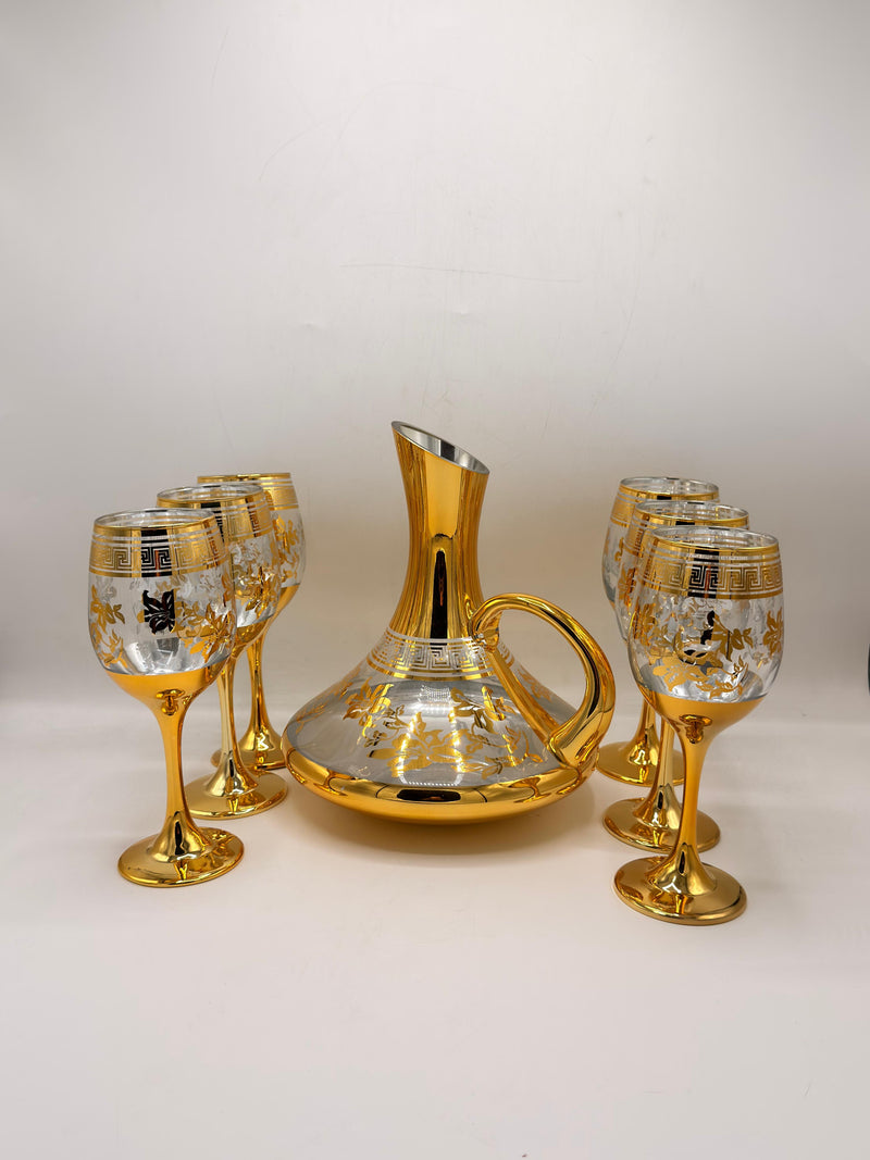 Royal Gold Decanter Set - 6 Wine Goblets with Greek Key & Floral Design