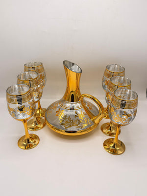 Royal Gold Decanter Set - 6 Wine Goblets with Greek Key & Floral Design