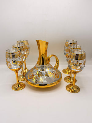 Royal Gold Decanter Set - 6 Wine Goblets with Greek Key & Floral Design